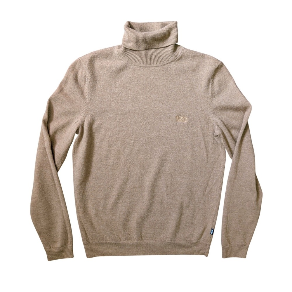 Boss Heritage Layered Fall Piece Tan Beige 100% Wool Turtle Neck Sweatshirt